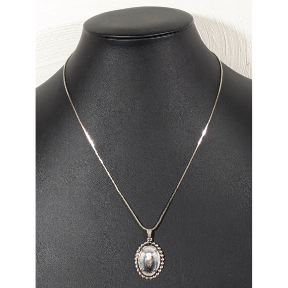 Vintage Blue Gray Shell Oval Pendant Necklace Silver Tone Chain 17" - Picture 2 of 9